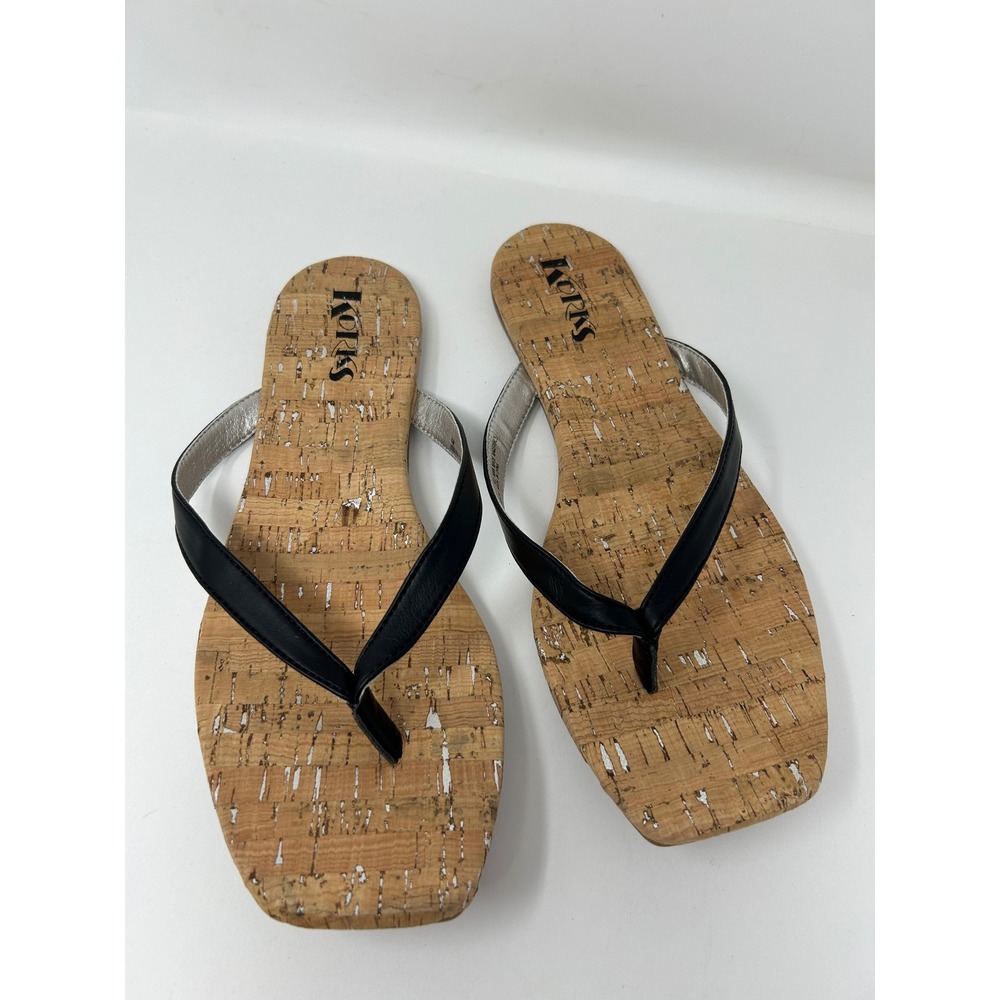 Korks Womens Black Cork Silver Metallic Square Toe Flip Flop Sandals Size 10M